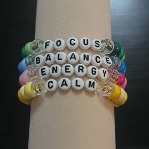 Set of 4 Word Bead Stretch Bracelets Focus Balance Energy Calm